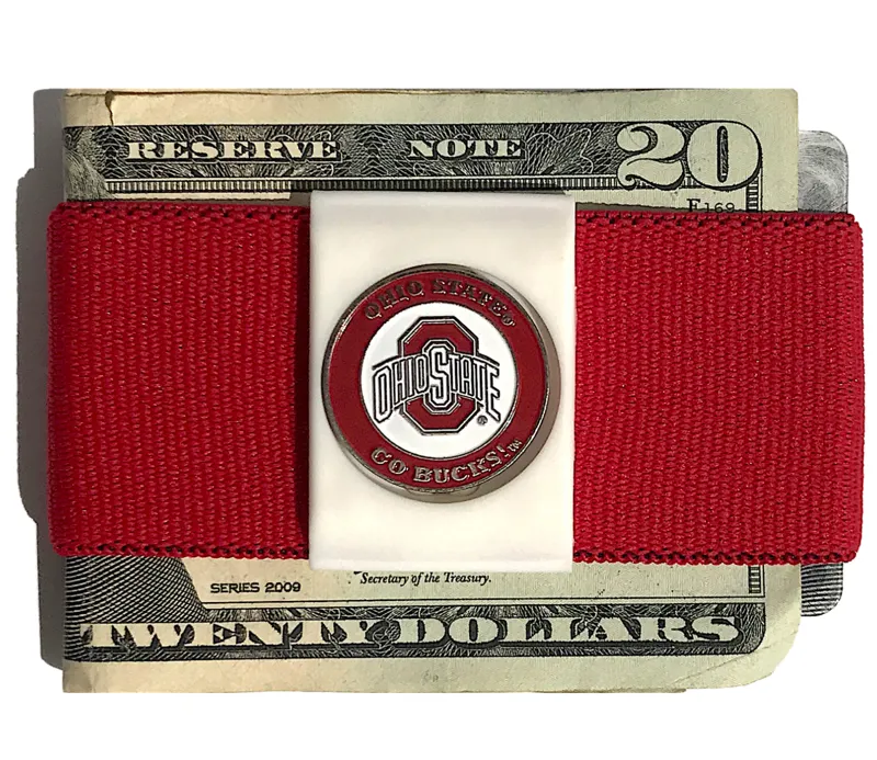 Bandit Elastic Money Clip - OHIO STATE BUCKEY Medallion - Red Band - White Clip